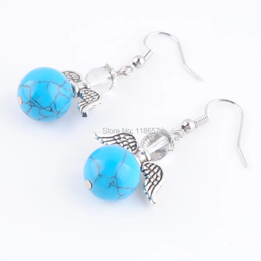 Висячие серьги из натурального камня голубой бирюзовый кварц круглый шарик