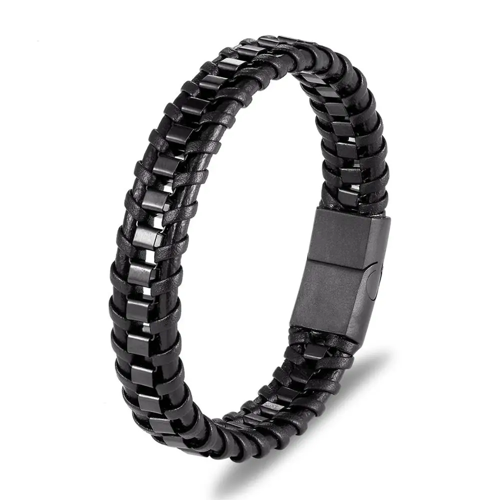 Мужской плетеный браслет из натуральной кожи с магнитной застежкой|Гибкие