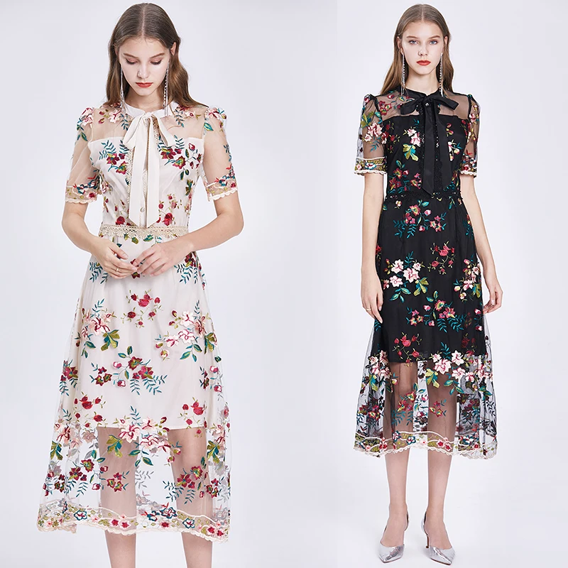 

Fitaylor New Summer Women Elegant Embroidery Gauze Print Short Sleeve Dress Lady Slim Bow Collar High Waist Mid-calf Dresses