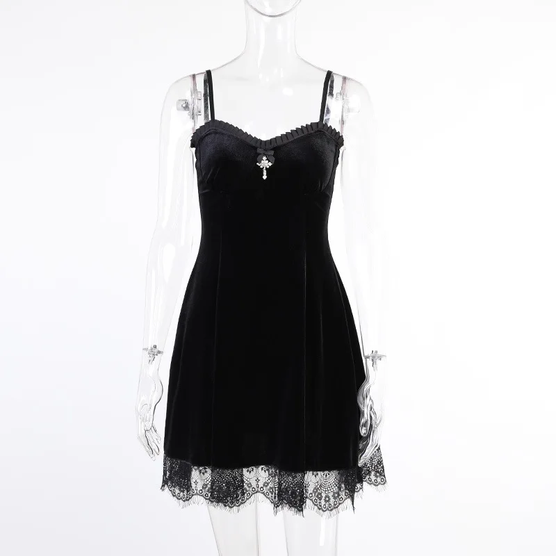 

Goth Dark Mall Gothic Vintage Velvet Grunge Mini Dresses Women Punk Lace Trim Alt Clothes Summer Dress Bodycon A-Line Partywear