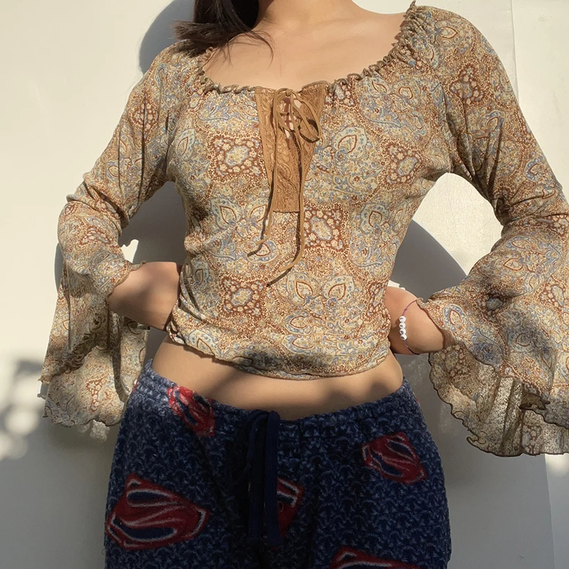 

Grunge Fairycore Women Retro Floral Shirt Long Ruffle Sleeve Drawstring Blouse 90s Y2k Casual Party Street Brown Tops Streetwear