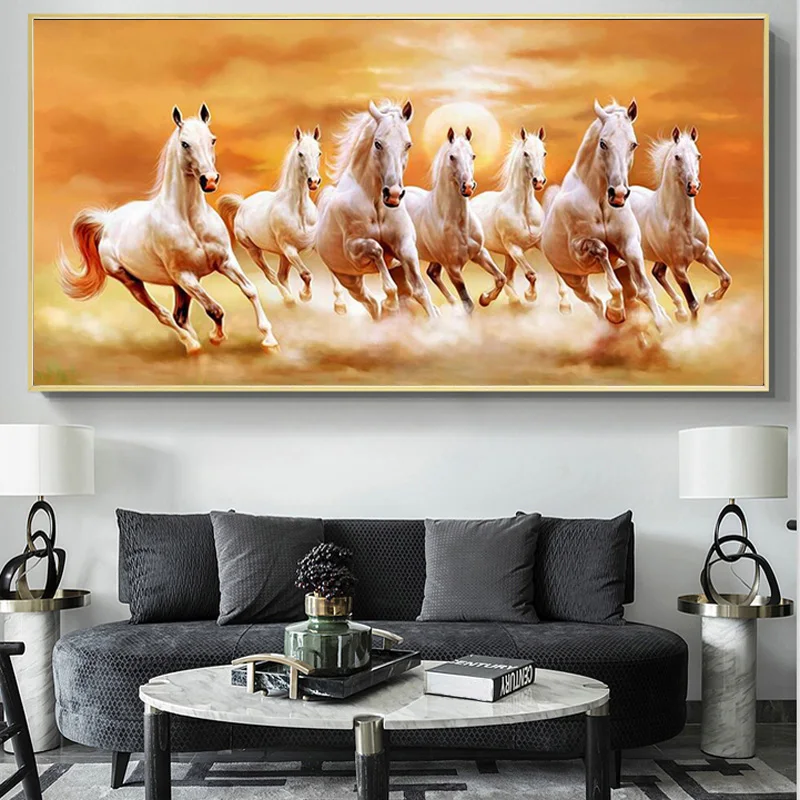 Современная Картина на холсте семь белых лошадей бег золотые постеры и принты