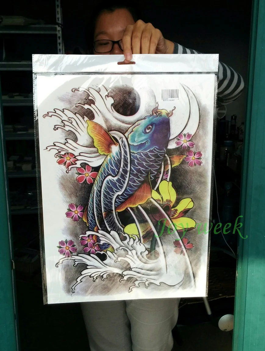 Водостойкая Временная тату наклейка лотос и карпы Мужская на всю спину большие