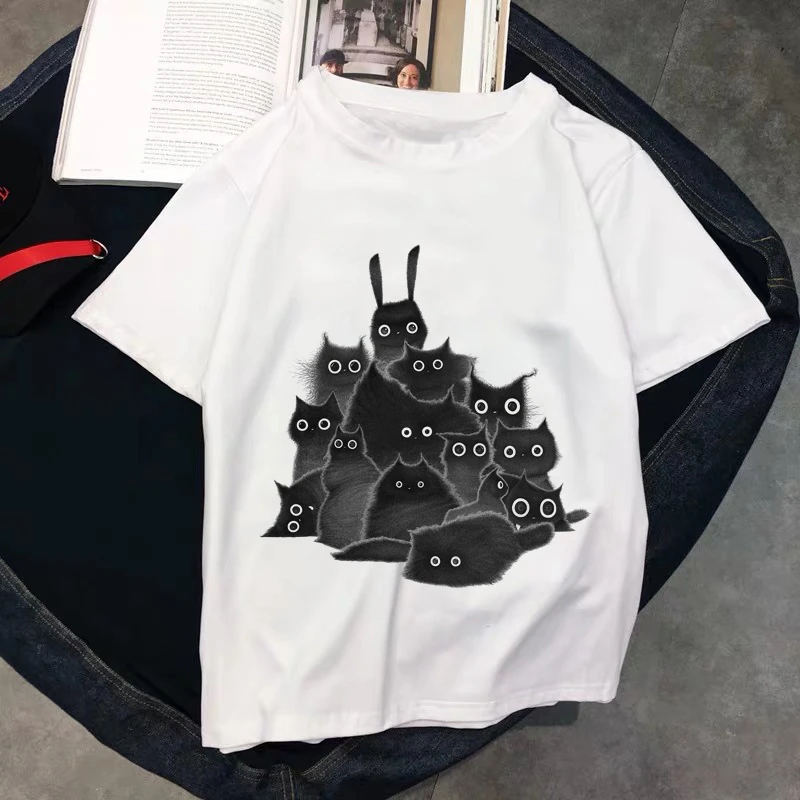 

Футболка женская с коротким рукавом и круглым вырезом, модный топ с черным котом, кавайная рубашка, белый цвет, на лето