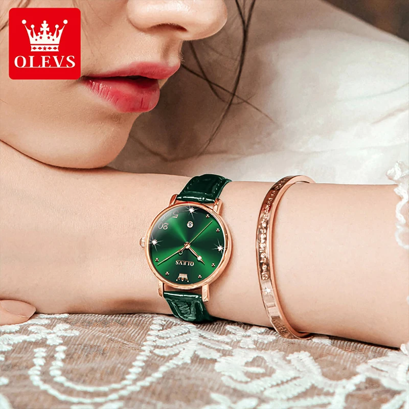 OLEVS 2023 New Quartz Womens Watches Fashion Green Leather Strap Simple Calendar Display Clock Women 30M Waterproof Reloj Hombre