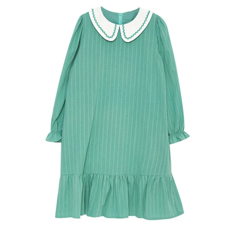 

4 to 12 years kids & big girls casual dress turn down collar dresses clothes 2 colors children girls spring cotton flare dress
