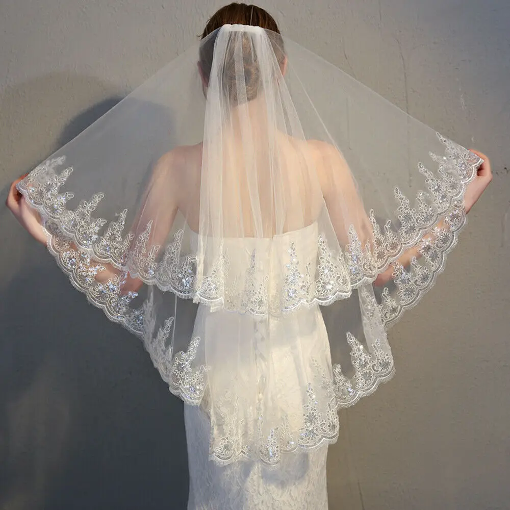 

2 Layers Bridal Lace Wedding Veil Fingertip with Comb Ivory/White Bride Veils
