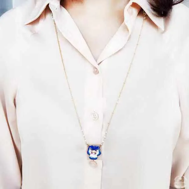 long necklace 1 Amybaby ручная работа глянцевое покрытие цветы анютины глазки женское ожерелье, серьги-гвоздики браслет ювелирные изделия для вечерние - Окраска металла: long necklace 1