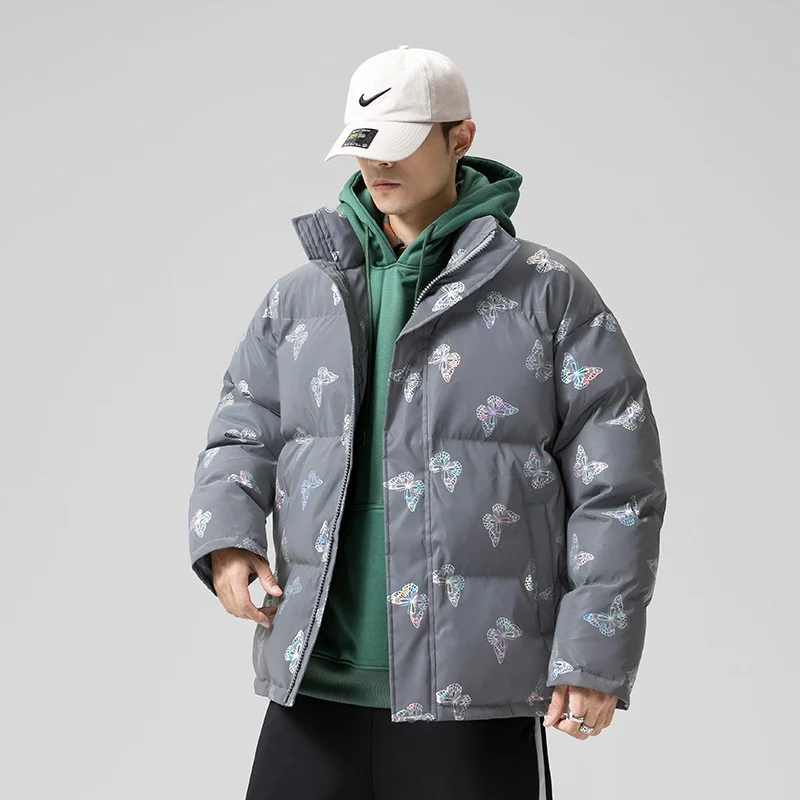 

Men Winter Parka Coat 2021 Fashion Loose Imitation Silk Cotton Trendy Youth Reflective Butterfly Printing Jackets Men Clothing