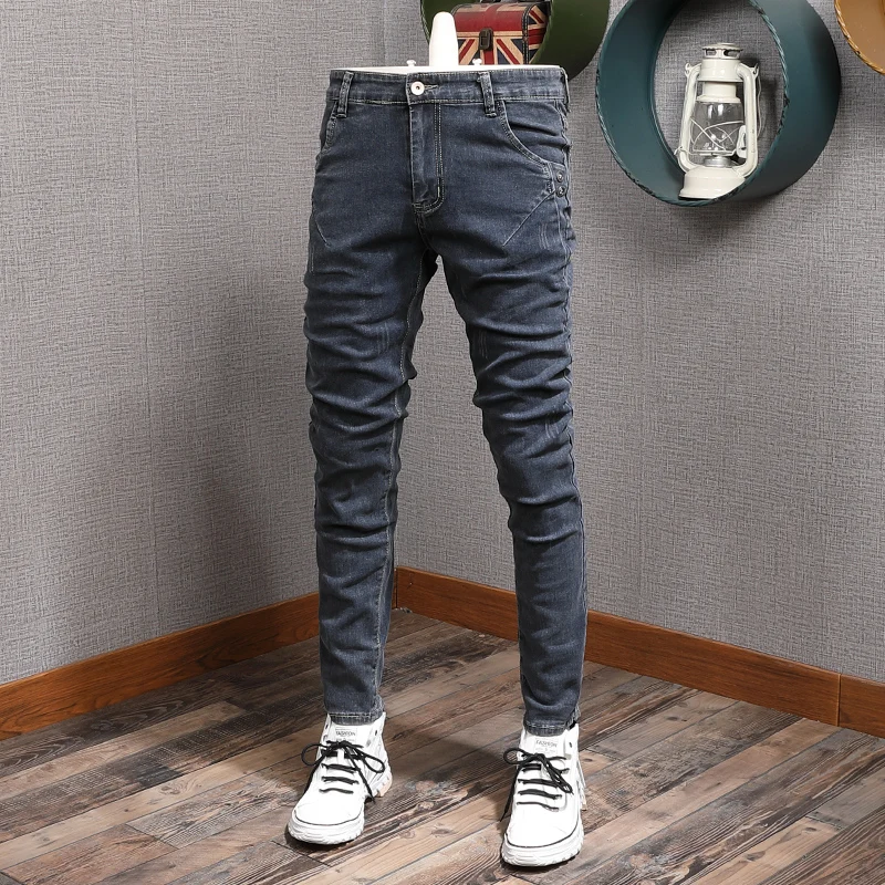Newly Korean Fashion Men Jeans Elastic Cotton Scratch Slim Ripped Jeans Men Retro Gray Casual Designer Denim Punk Pencil Pants