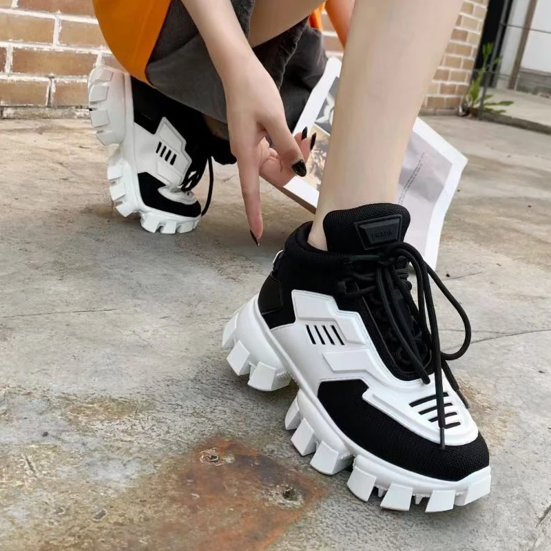 

Unisex Knitted Fabric Sneakers Casual Runway Black Shoes Men's Mixed Color Thick Bottom Sneakers Walk Shoes For Men & Women