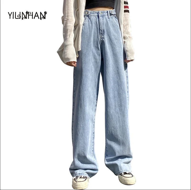 

YILINHAN New Hot Women Jeans Fashion Harajuku Straight Pants High Waist Clothes Wide Leg Denim Clothing Blue Streetwear Vintage