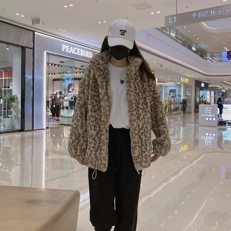

High Quality Leopard Print Short Faux Rabbit Fur Coat Women Stand Collar Long Sleeve Female Loose Casual Winter Warm Fur Outwear