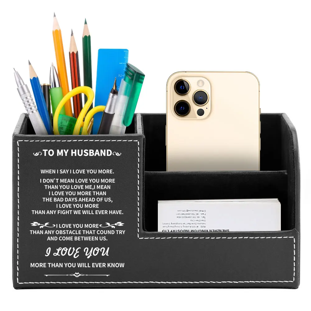 

Leather Storage Box To My Husband Pattern Multifunctional Remote Control Phone Pencil Holder Desktop Organizer for Home Office