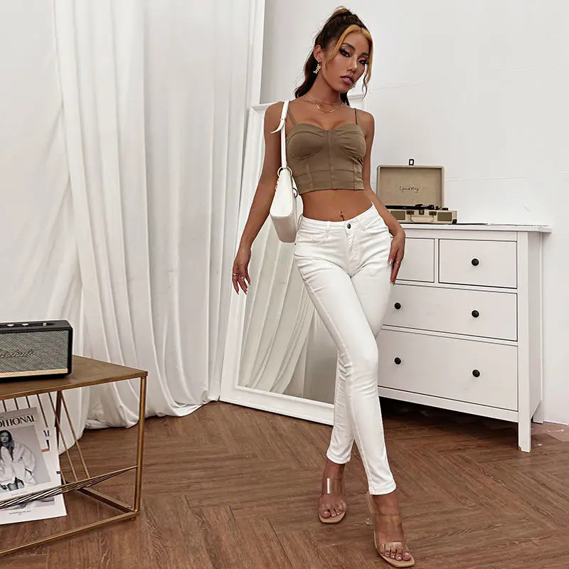 

Women 2021 Summer Fashion Camis Halter Top Female Sexy Solid Color Short Sleeveless Tops Ladies Slim Low Chest Camisole E242