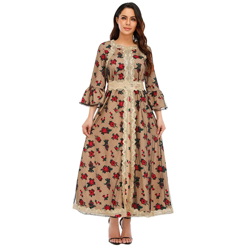 

Muslim Robe Mesh Embroidery Trumpet Sleeve Dress 2022 Spring Casual African Women's Loose Slim Long Skirt Arab National Costume