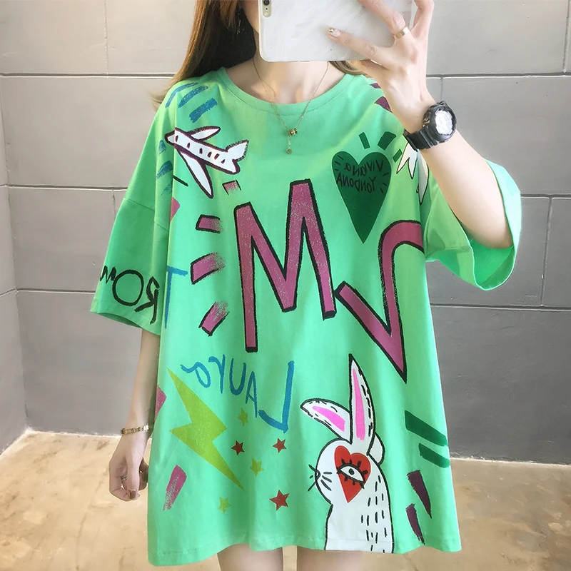 

2021 Summer Korean Version Loose Print Graffiti Cartoon Plus Size Women's Mid-length Short-sleeved T-shirt Women