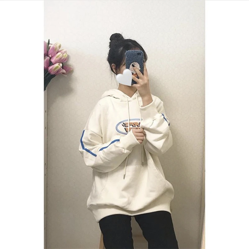 

New Autumn Clothes Harajuku Retro Pullover Preppy Style Embroidery Letter Plus Velvet Hoodie Oversized Sweatshirt Mujer