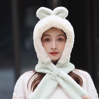 hat scarf one female winter plush thickened cold proof warm windproof plush scarf ear protection girl women hat green