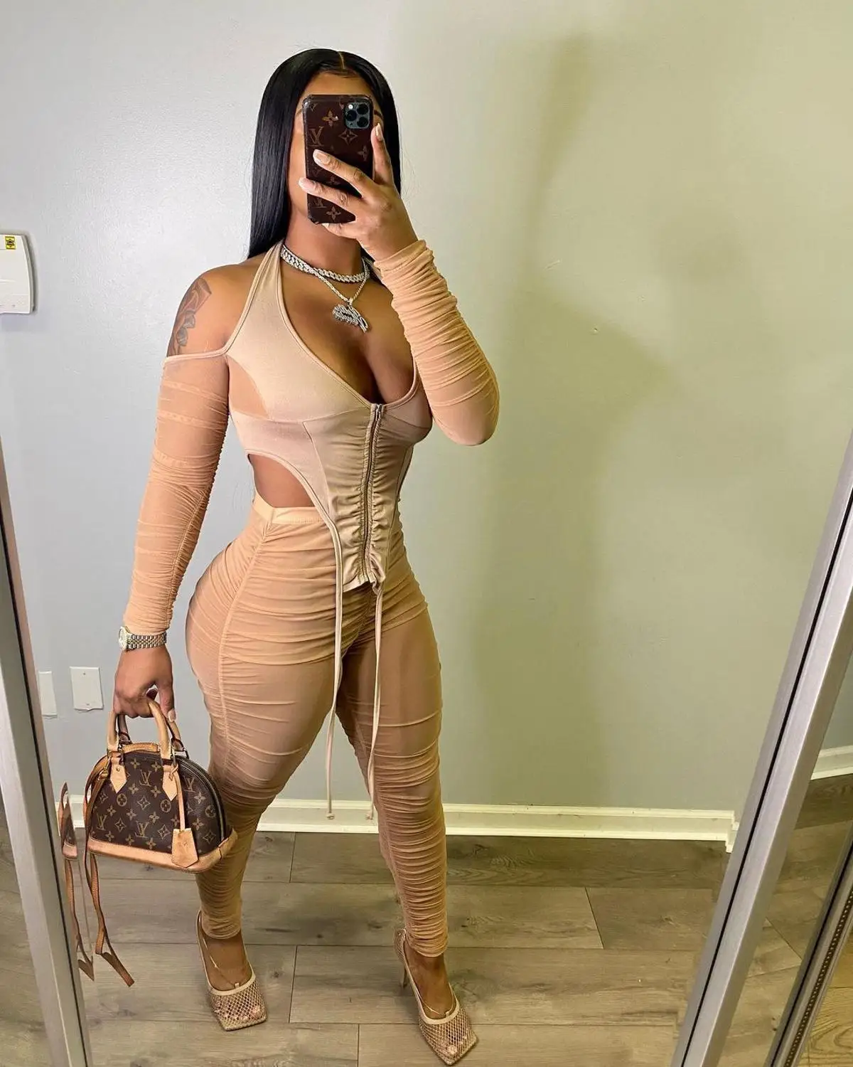 

Club Outfits For Women Sexy Nightclub Off-shoulder Mesh Outfits V-neck Long-sleeved Zipper Top Pleated Trousers Matching Sets
