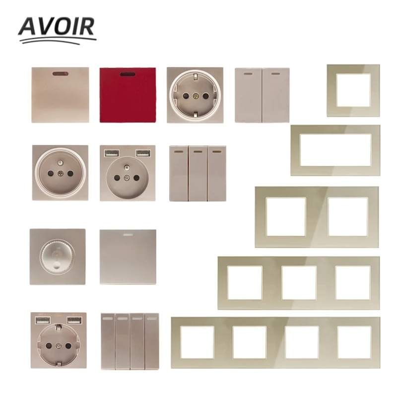 

Avoir DIY Wall Light Switch Socket With USB Plug Golden Plastic Module Function Key Glass Panel Free Combination Multiple Frame