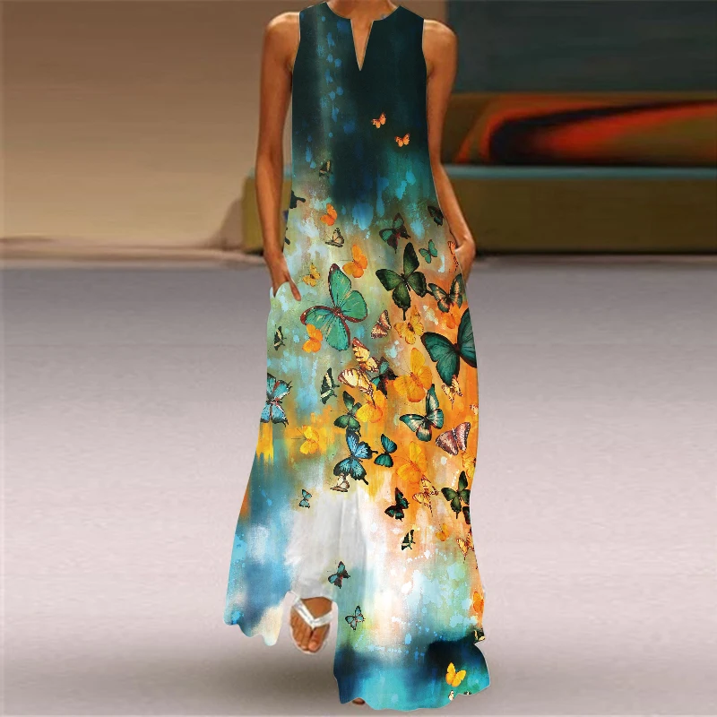Женское летнее длинное платье без рукавов с V-образным вырезом и 3D-принтом |