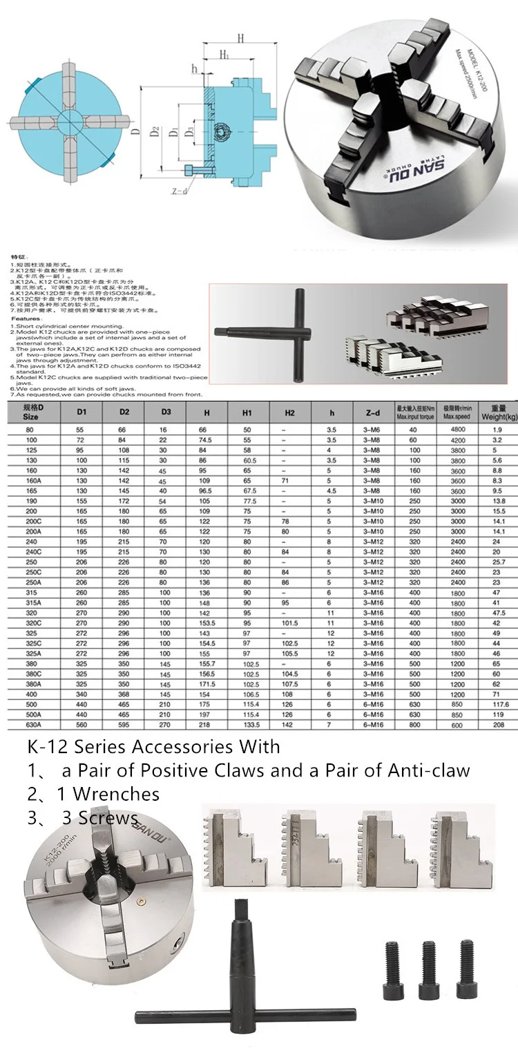 SAN OU K12-125 Высокоточный 4-кулачковый самоцентрирующийся патрон для механического