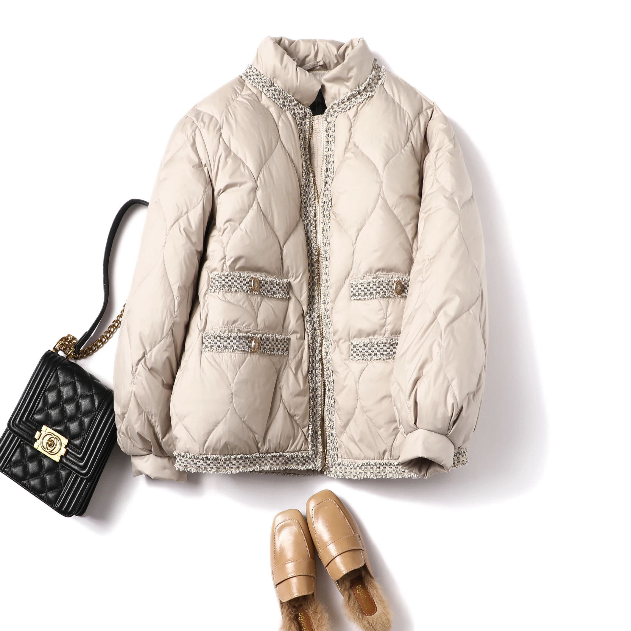 Quality Appliques Women's 2021 High Winter New Loose Fashion Stand Collar Jacket Zipper Solid 90% White Duck Down