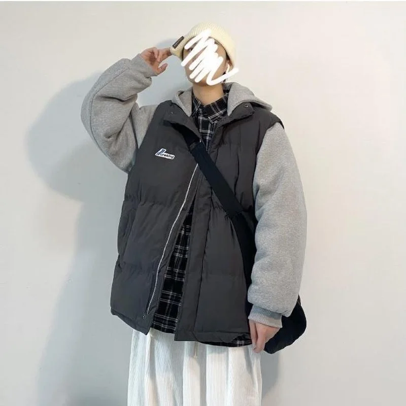 HOUZHOU Men's Padded Winter Jackets for Men Padded Coats Warm Hoodies Black Khaki Casual Korean Streetwear Harajuku Patchwork