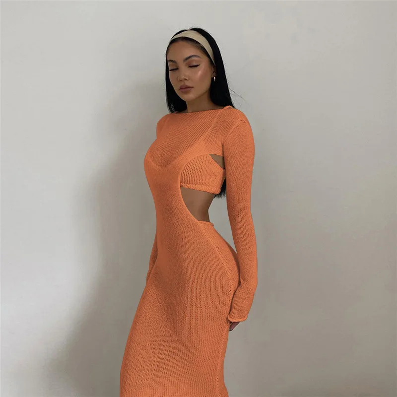 

Spring 2022 Knitted Two Piece Set Women Solid Skirt Elegant Lined Sleeveless Camisole Top+Long Sleeve Backless Female Dress