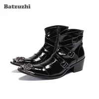 Batzuzhi Western Punk Men's Boots Pointed Metal Toe Black Leather Ankle Boots Men Black Soft Leather 6.5CM Heels Motorcycle Men