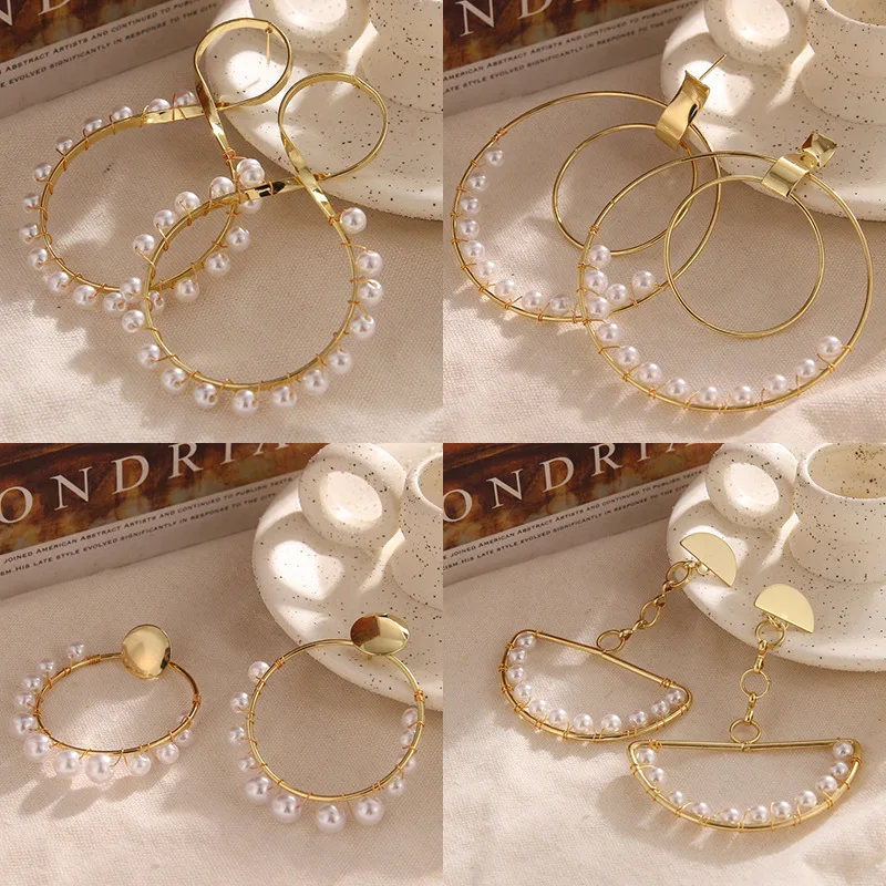 

Корейские ювелирные изделия, позолоченные винтажные круглые золотые персонализированные круглые жемчужные геометрические серьги-кольца ...