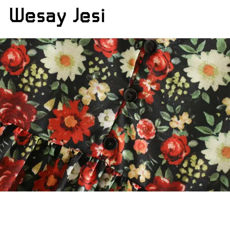 2019 Новое Женское платье в винтажном стиле с цветочным принтом Длинные рукава V