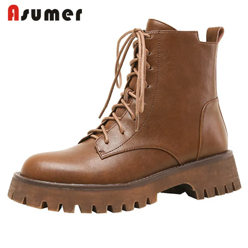 

Asumer 2022 New Arrive Autumn Winter Genuine Leather Boots Women Shoes Round Toe Lace Up Thick Boots Fashion Ankle Boots Woman
