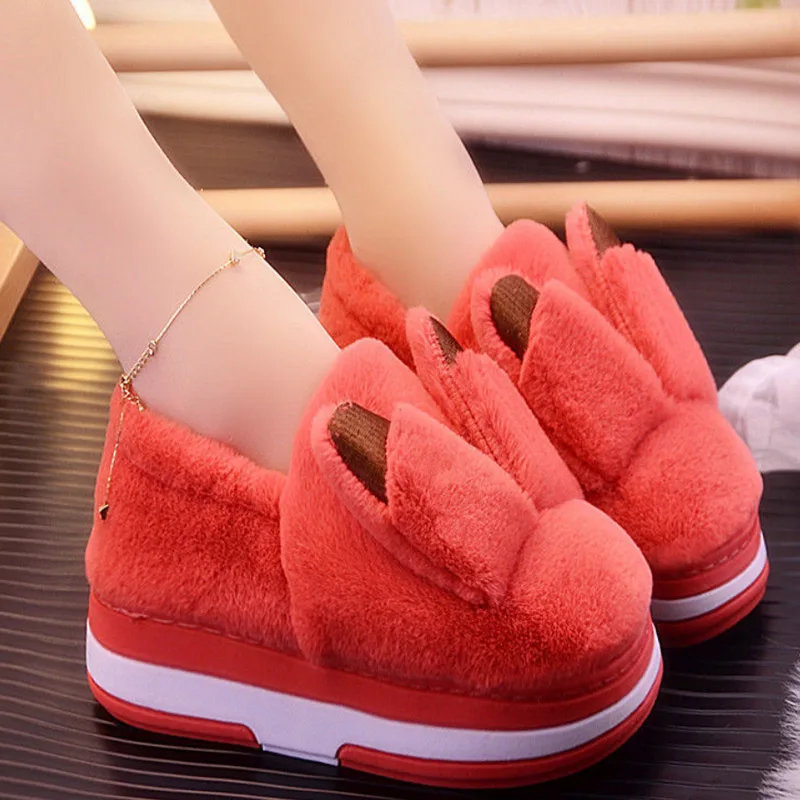 

Fashion Cartoon Ear Plush Slippers Home Indoor Shoes Woman Platform Mules for Ladies Cartoon Furry Slides 2020 Winter