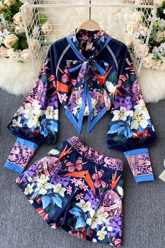 

Ladies temperament suit 2021 new ladies shirt all-match high waist wide leg shorts fashionable printing two-piece suit