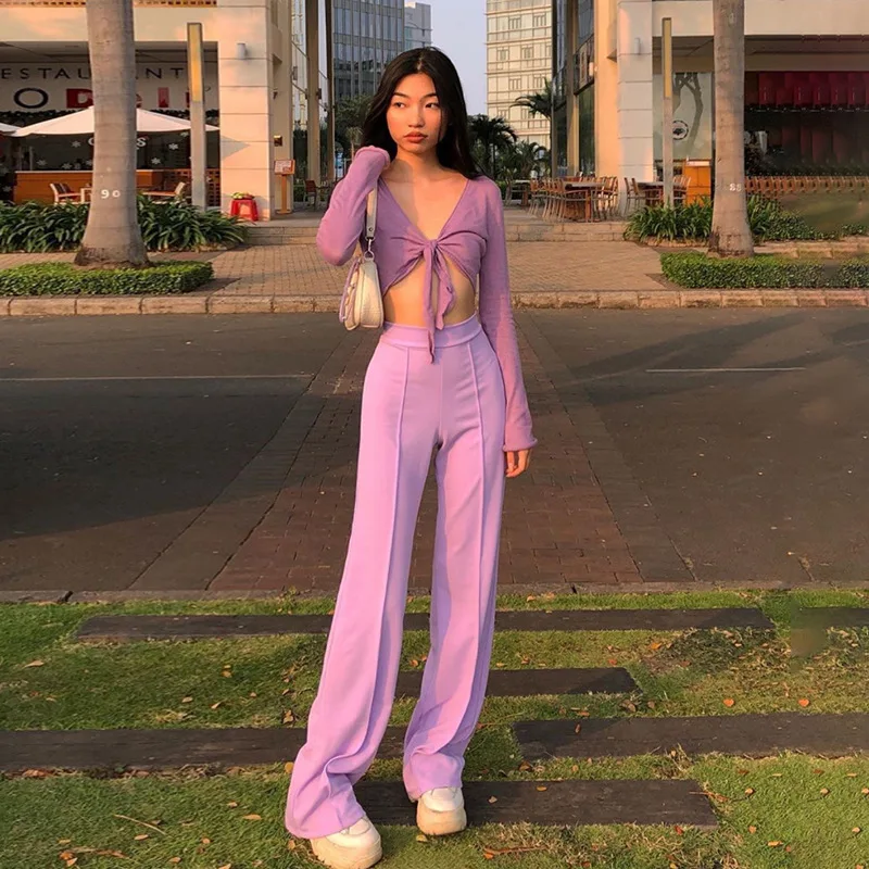 

2021 Summer New Casual Pants High Waist Solid Straight Loose Purple Long Pants Fashion All-match Soft Streetwear Women Trousers