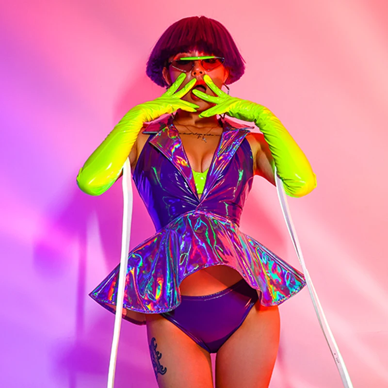 Сексуальный женский костюм для диджея лазерный кожаный флуоресцентный зеленый