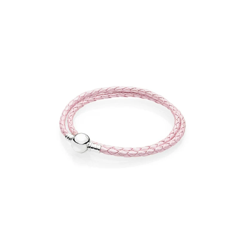 

Pink Leather Bracelets for Women Signature Round Clasp 925 Sterling Silver Jewelry Braided Chain Bracelet DIY Female Woven Rope