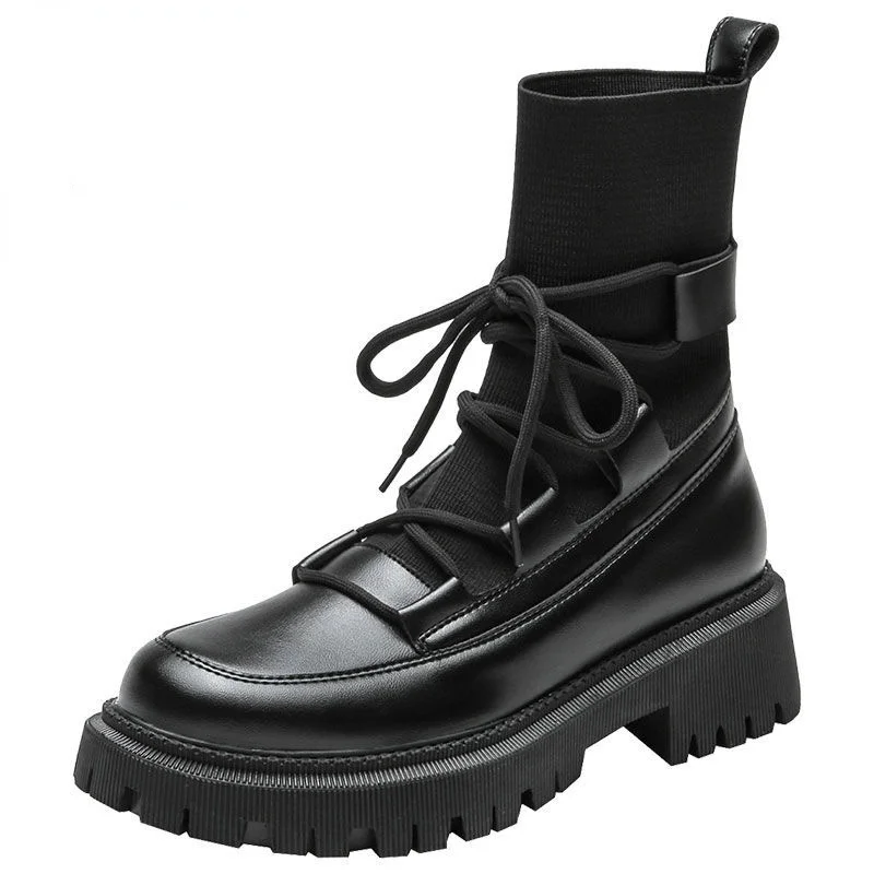 

2021 Motorcycle Women's Boots Winter Soft Leather Shoes Black Botas Wedges Female Lace Up Platforms Women White Botas Mujer