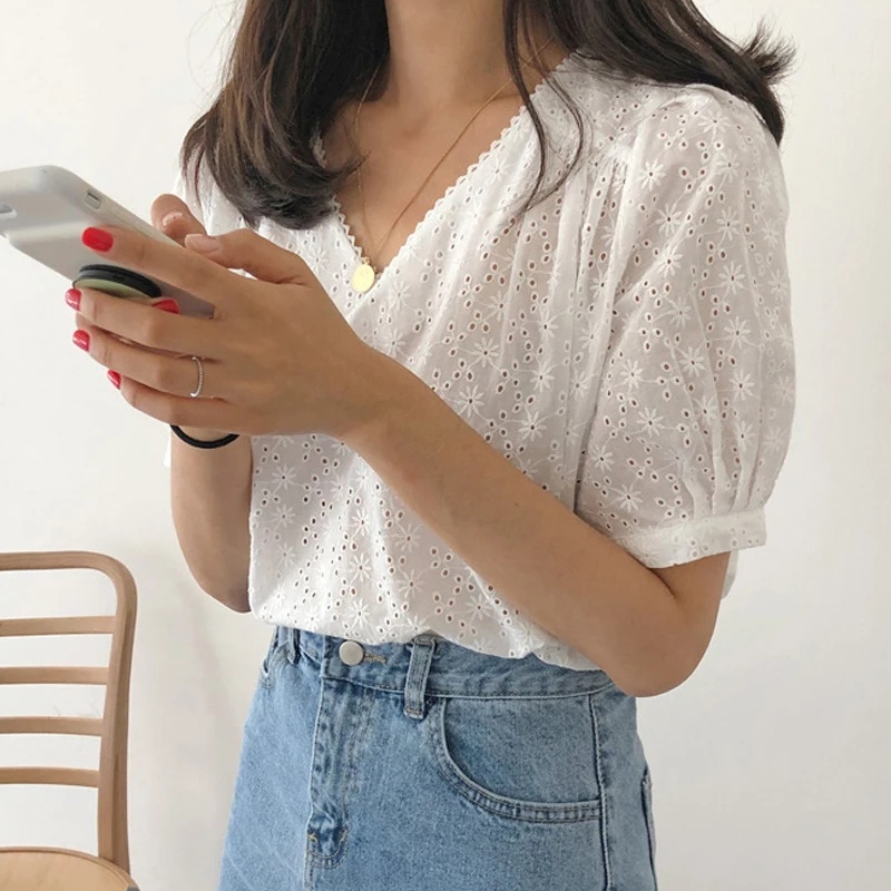 

V Neck Summer Short Sleeve Tops 2021 Hollow Out Pullover White Ladies Clothing Blouse Women Office Lady Floral Women Shirt 9595
