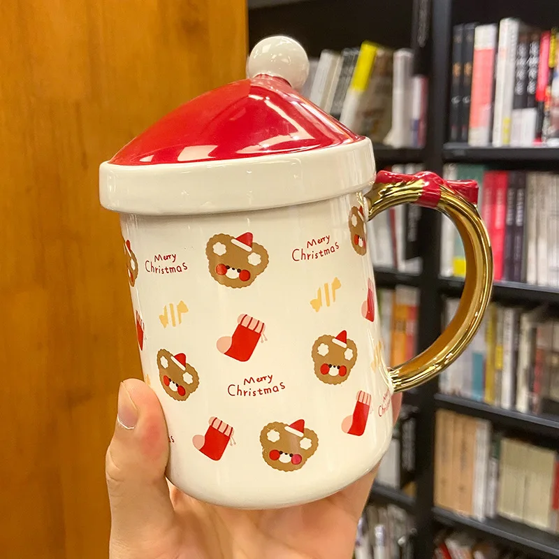 

Christmas ceramic mug with lid spoon Nordic strawberry milk tea cup bone china espresso coffee cups tumbler barware travel mug