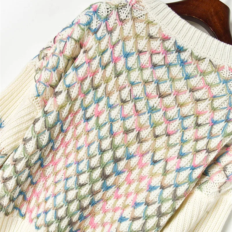 

Luxury Brand Designer Knitted Pullovers for Women Vintage O Neck Jacquard Contrast Colored Plaid Knitted Sweater