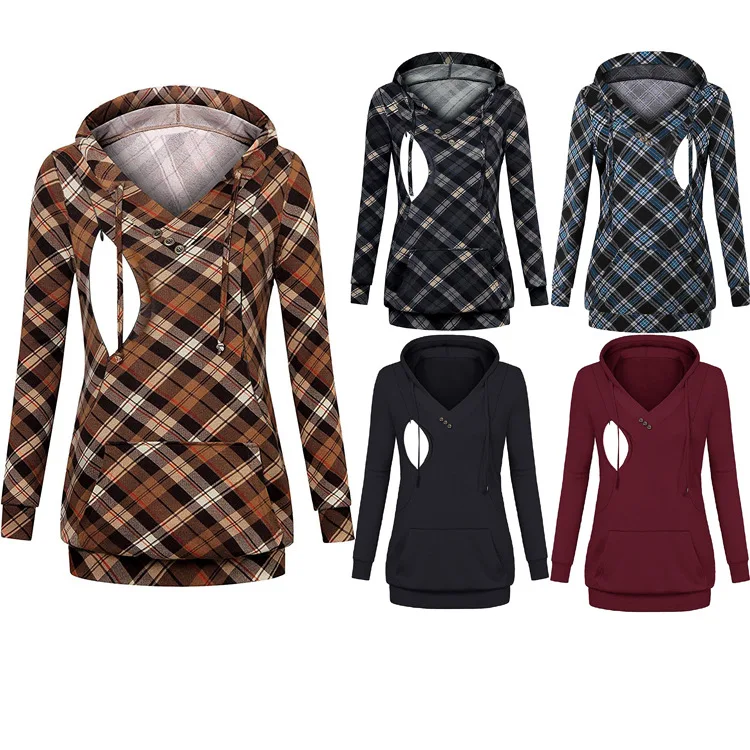 2020 New Style for Autumn and Winter Maternity Long-Sleeve Plaid Print Hooded Mammal Hooded Sweatshirt Long Sleeve Maternity Top