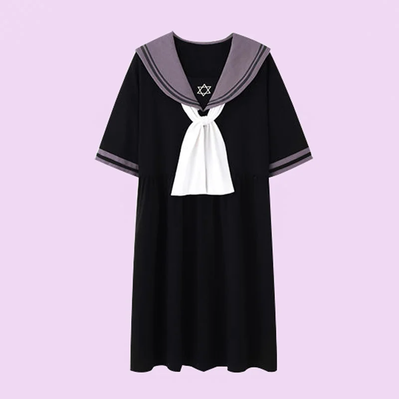 

QWEEK Cotton Dress Woman Kawaii Sleepwear Sailor Collar Nightie Summer Nightdress Short Sleeve Nightgown Oversize Loungewear