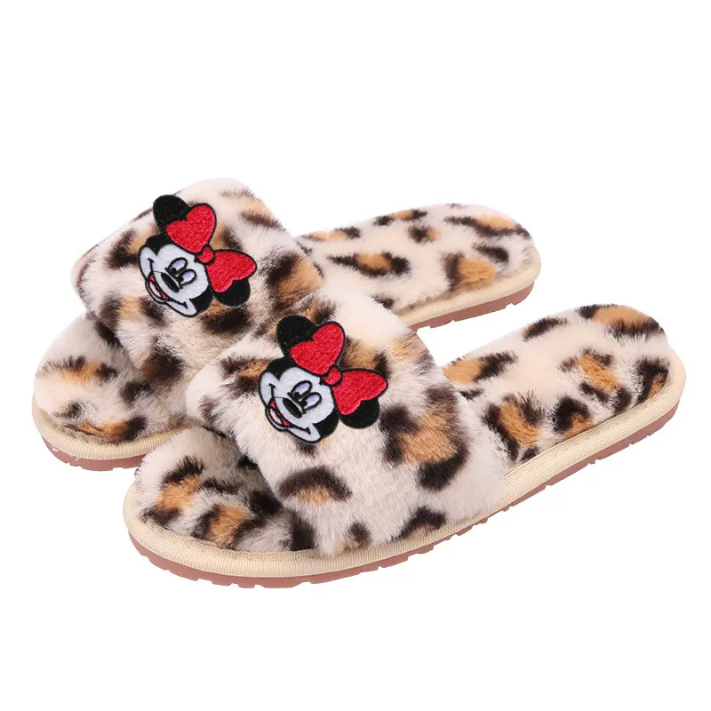 Disney/детские тапочки с рисунком Минни для взрослых; теплые тапочки на мягкой подошве; тапочки; домашняя обувь с леопардовым принтом - Цвет: B