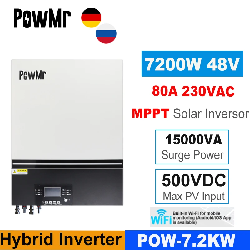 

Инвертор PowMr Hybrid Soalr, 7200 Вт, 230 В, 48 В, 50 Гц/60 Гц, в пост. Тока