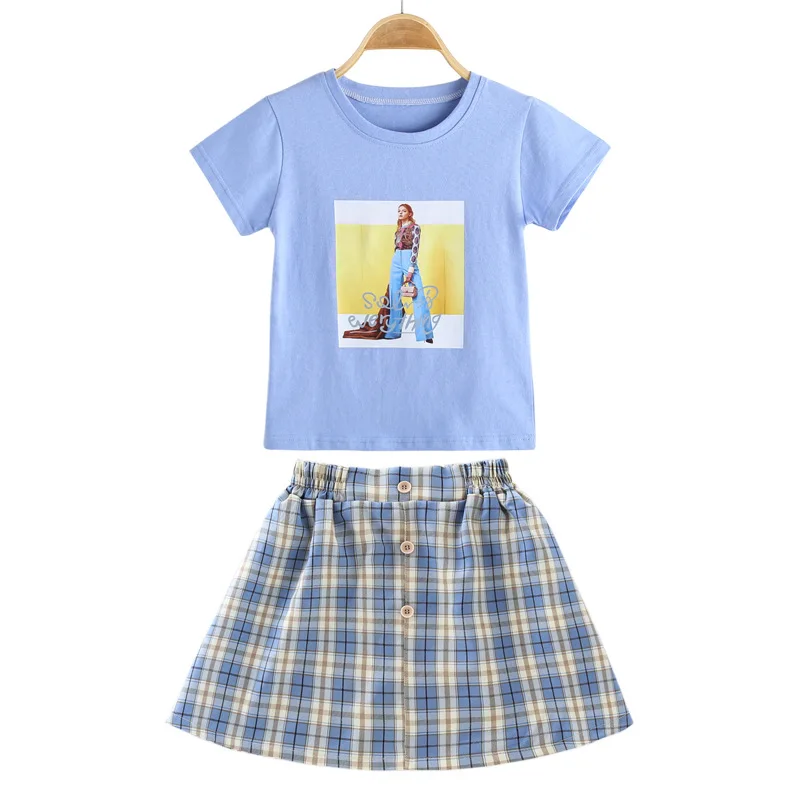 

Girl Pattern Print T-shirt+Plaid Skirt 2Pcs Girls Clothing Sets For Girls Kawaii Clothes Suits 2020 Summer Fashion Kids Suits
