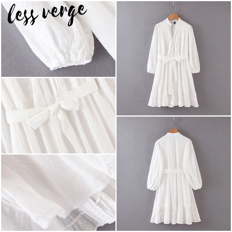 Женское кружевное платье с длинным рукавом белое Сетчатое Хлопковое v-образным