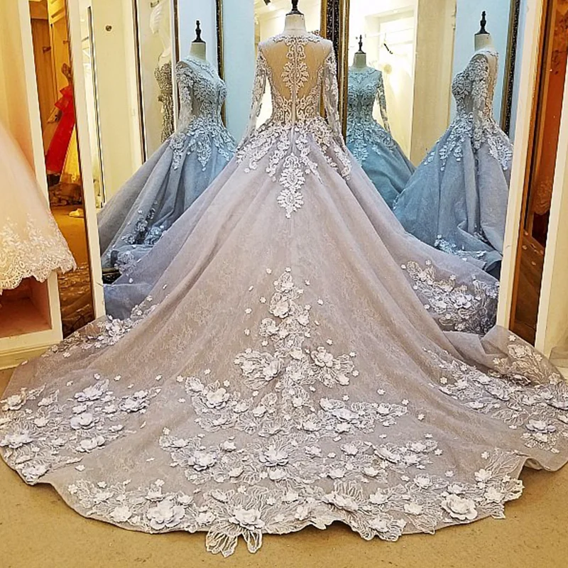 LS38520 длинный рукав вечернее платье кружево Линия молнии назад серый 3D цветы мать